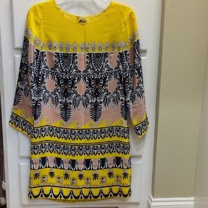J. Crew Gorgeous Silk Yellow and Navy Patterned Dress, Size 00, Like New